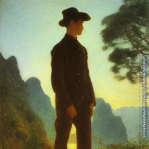 Prompt: a young man in guilin, by caspar david friedrich, by henry ossawa tanner, mist, sunrise