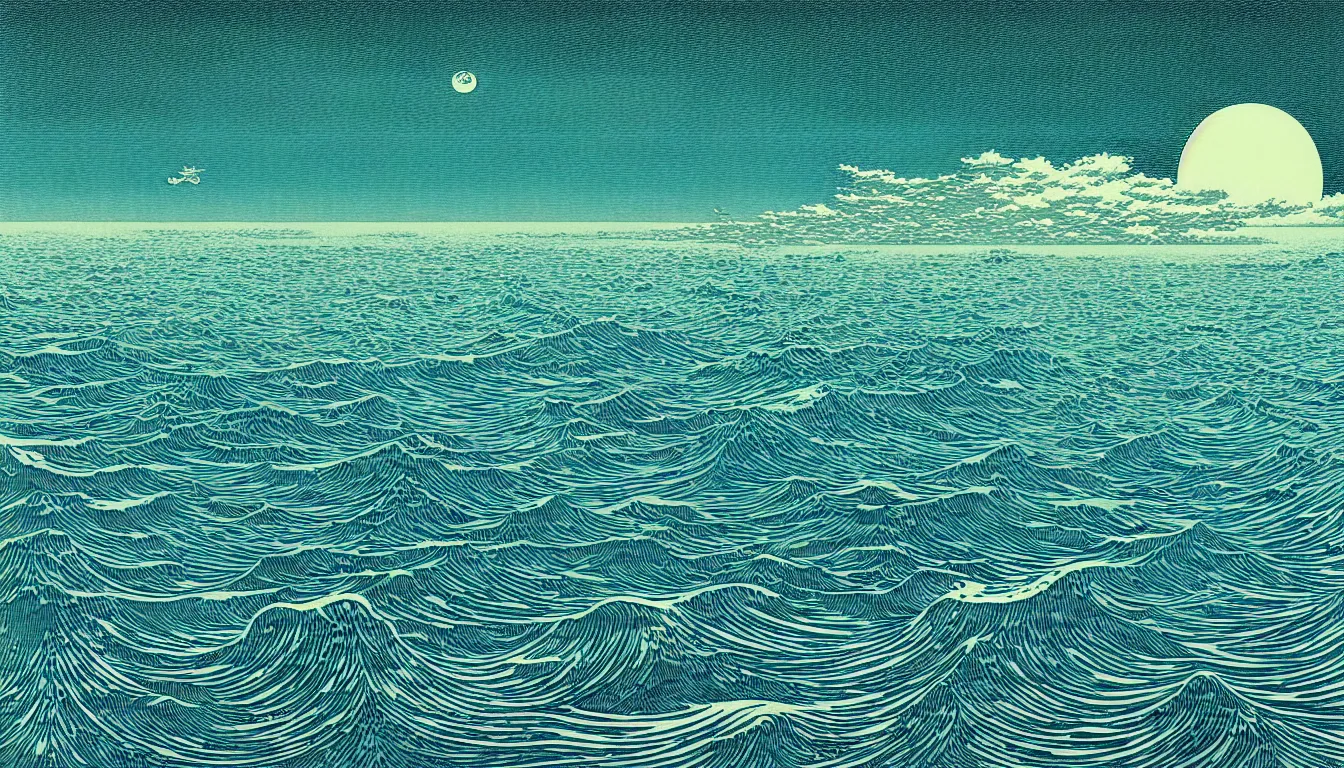 Image similar to ocean horizon by woodblock print, nicolas delort, moebius, victo ngai, josan gonzalez, kilian eng