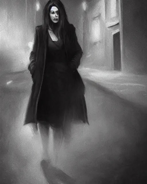 Prompt: A ultradetailed beautiful portrait painting of a redhaired woman in a black trenchcoat smoking a cigarette in a dark alley at night. trending on deviantart, film noire, Greg Rutkowski.