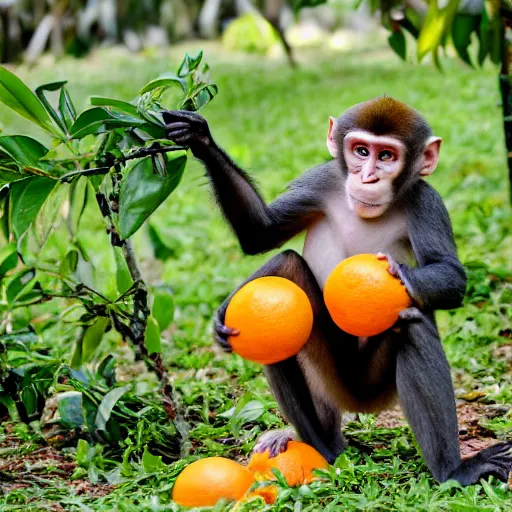 Image similar to a press photography of a monkey harvesting oranges in florida photography, iso 1 0 0, report, press photo