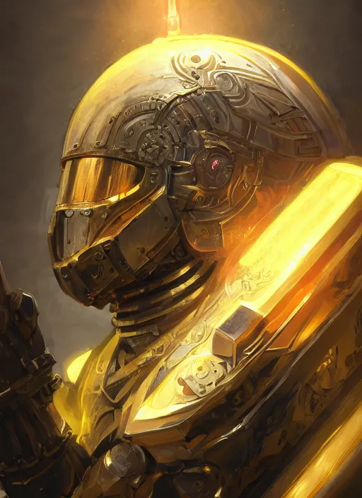 Image similar to dynamic attack position abstract portrait of a intricate glorious holy mechanical warforged character in yellow armor holding a paladin engraved great longsword drawn and carrying a big paladin shield, PAR can lighting , face in focus, epic , trending on ArtStation, masterpiece, cinematic lighting, by Ross Tran and by Greg Rutkowski