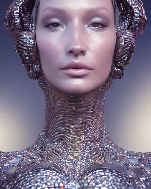 Prompt: a highly detailed metahuman 4 k close up render of an alien goddess bella hadid monument celine bernaerts makeup in iris van herpen dress schiaparelli in diamonds crystals swarovski and jewelry iridescent in style of alphonse mucha gustav klimt trending on artstation made in unreal engine 4