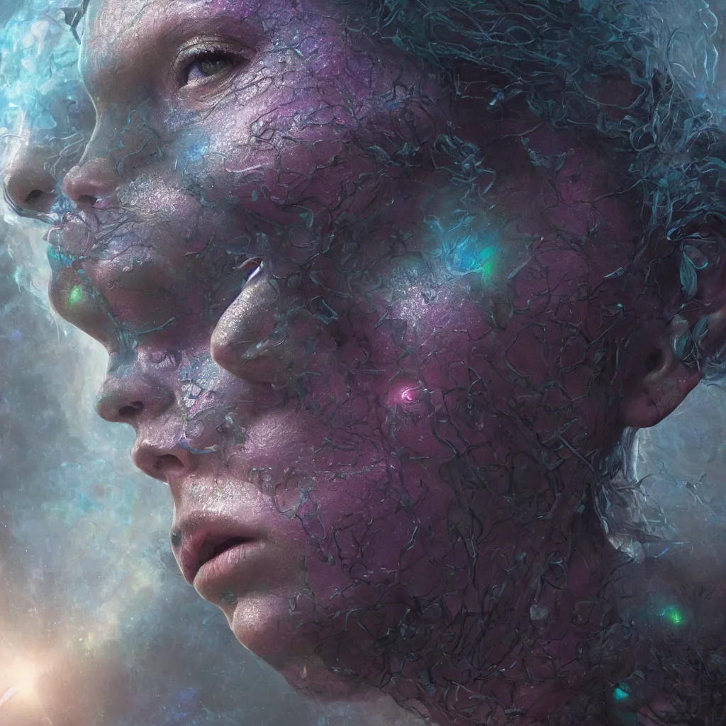 Image similar to extremely detailed cinematic movie still medium shot of enlightened iridiscent goddess hyperreal skin face by denis villeneuve, wayne barlowe, simon birch, marc simonetti, philippe druillet, beeple, alex grey bright volumetric sunlight, rich moody colors, bokeh