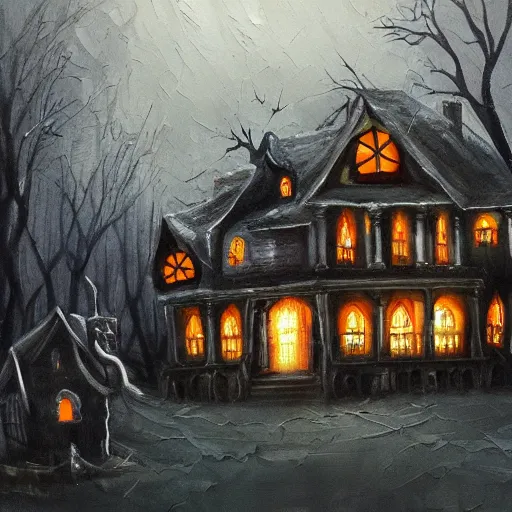 Image similar to A painting of a haunted house with Halloween decorations, Trending on artstation.