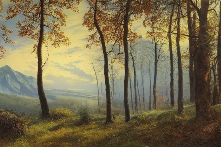 Prompt: a matte painting of morning in the woods by Konstantin Vasilyev