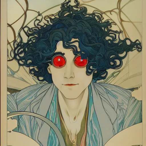 Image similar to detailed closeup of futuristic beautiful crazy old man scientist witch with robotic eyes and curly blue tinted hair and red merlin hat, in styke of Mucha, Yasunari Ikenaga, Yamato, Macross