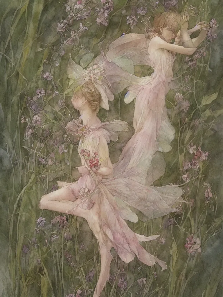 Image similar to study of a flower fairy, illustration, watercolor, alan lee, detailed, pretty, ethereal, realistic, artstation