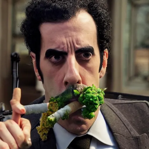 Image similar to Sacha Baron Cohen as borat smoking a giant rolled cannabis cigarette, smoke, 8k, hyper-detailed, cinematic