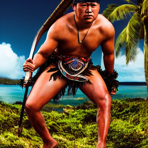 Image similar to a pacific islander warrior on a canoue, 4 k, hyper realistic, dslr, high resolution, landscape, beautiful