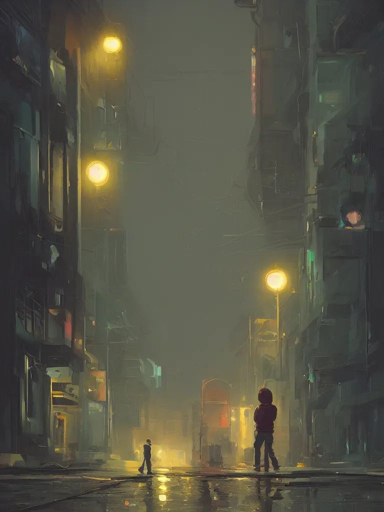 Prompt: one single little boy in a dark street in a big city with neonlights by night a painting from stalenhag, 4 k, 8 k, hdr, artstation, concept art