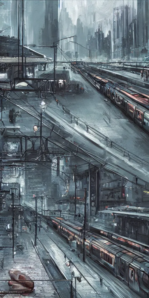 Image similar to 2 0 4 5 train station city landscale, concept art, illustration, highly detailed, artwork, hyper realistic, painting