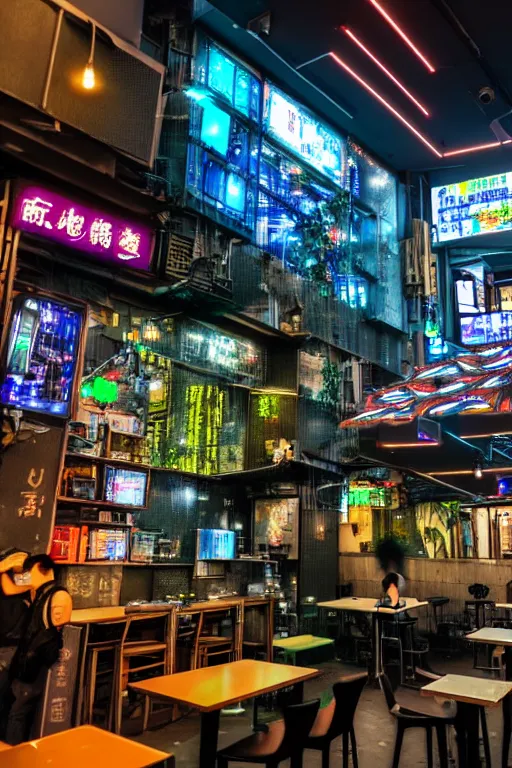 Prompt: full view, from a distance, of cyberpunk cafe in taipei, highly detailed