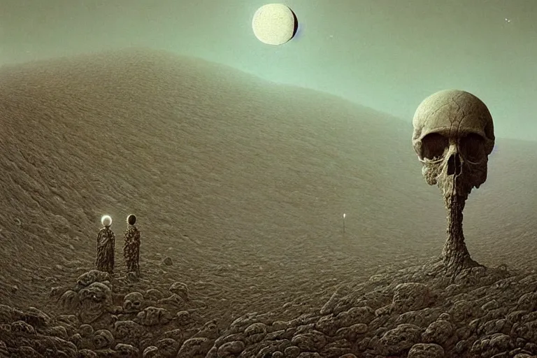 Image similar to a surreal and awe - inspiring science fiction landscape, skull - shaped moon, intricate, elegant, highly detailed matte painting by beksinski and simon stalenhag