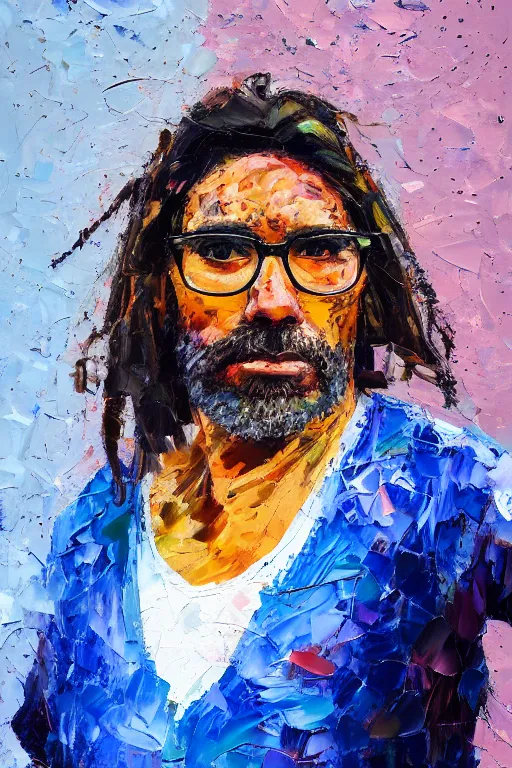 Prompt: palette knife oil painting portrait of a middle aged, athletic, lean, aboriginal hipster, psychedelic, artstation trending, artgerm, any racial background, deviant art, hipster, octane, substance, art history 8 k