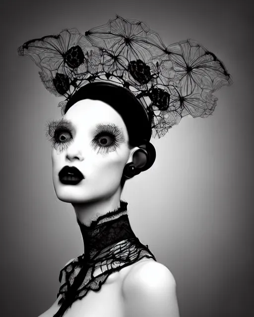 Image similar to dreamy surreal poetic black and white 3D render of a beautiful young porcelain female-creature-cyborg-vegetal with a very long neck and a super big gothic web lace collar filled with small dead flies and a very high big floral crown with many black dry roses:: smoke, high fashion, haute couture, rococo, avant-garde, elegant, dreamy, hyper realistic, 150 mm lens, soft rim light, octane render, unreal engine, volumetric lighting, dramatic light,8k,