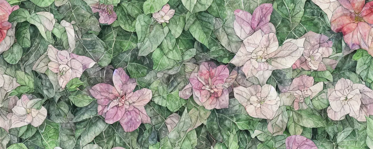 Image similar to delicate marble in a botanic garden, stony, puffy, botanical herbarium paper, watercolor colored painting and pencil, iridescent colors, 8 k, realistic shaded, fine details, artstation, italian, colonnade, vines, flowers, gardena architecture, pompeii