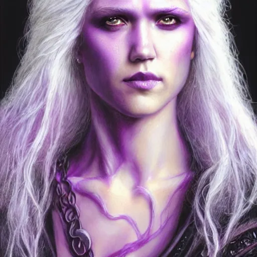 Image similar to head and shoulders portrait of a purple - skinned, white - haired drow wizard portrayed by young jessica alba, d & d, fantasy, luis royo, magali villeneuve, donato giancola, wlop, krenz cushart