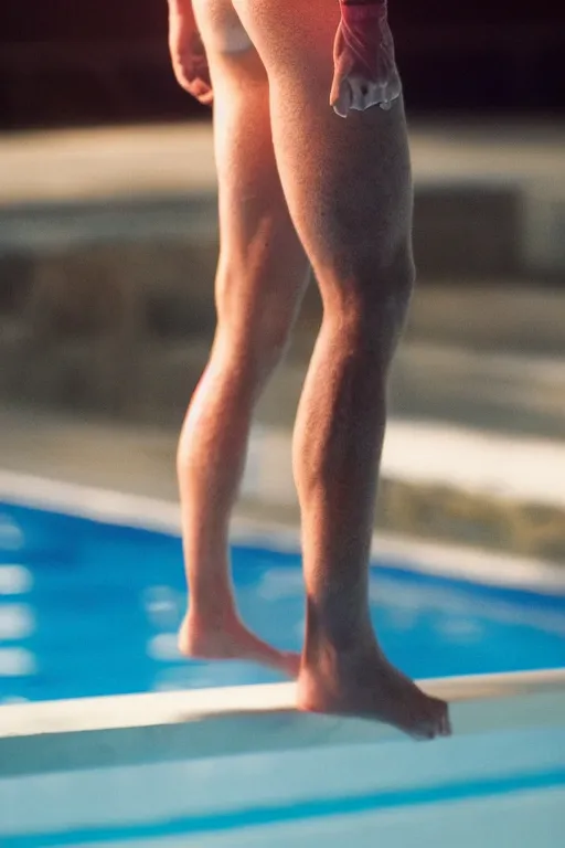 Image similar to close up still shot of young nick jonas standing on the diving board, summer olympics footage, 3 5 mm, highly detailed, disney channel original movie, dynamic lighting, subject centered in photo, octane render