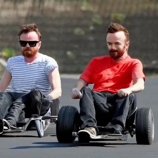 Prompt: paparazzi photo Bryan Cranston and Aaron Paul in go karts, Breaking Bad, candid