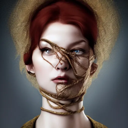 Image similar to portrait of a Shibari rope wrapped face and neck, headshot, insanely nice professional hair style, dramatic hair color, digital painting, of a old 15th century, young cyborg Rubber Nun, amber jewels, baroque, ornate clothing, scifi, realistic, hyperdetailed, chiaroscuro, concept art, art by Franz Hals and Jon Foster and Ayami Kojima and Amano and Karol Bak,