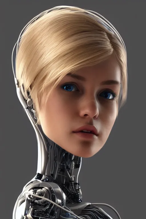 Image similar to a beautiful woman with blonde hair wearing robot suit with wires and light, highly detailed, photorealistic, artstation, smooth