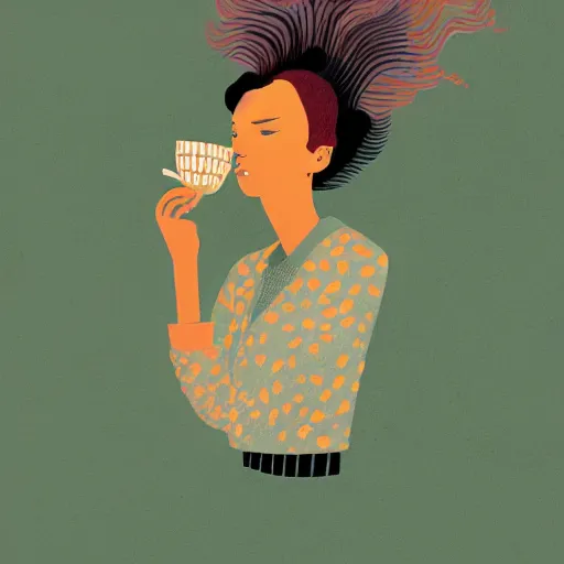 Image similar to illustration a girl drink a coffee, by malika favre and victo ngai