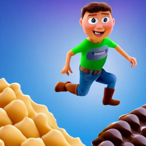 Image similar to a boy with a jetpack flying above a sea of chocolate, white background, pixar animation style,