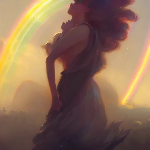 Prompt: A beautiful shiny rainbow with a smiling face, illustrated by Greg Rutkowski and Gaston Bussiere, grim lighting, beautiful volumetric lighting, misty atmosphere, Trending on artstation, 4k, 8k