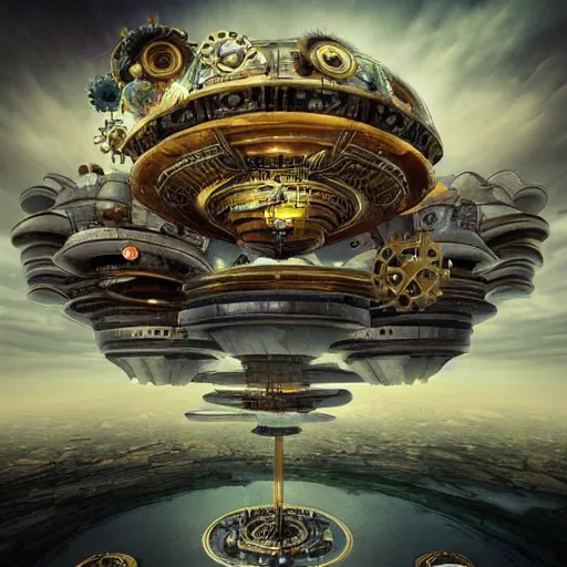 Prompt: flying city in a mechanical flower, sky, symmetry, fantasy art, steampunk, masterpiece, octane