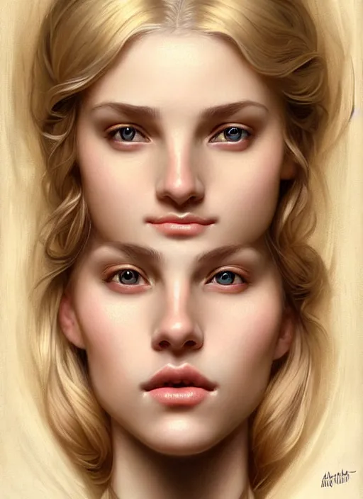 Prompt: beautiful feminine face! portrait of young woman blessed by god with ever - increasing physical mental perfection, blonde hair, symmetrical! intricate, elegant, highly detailed, holy perfection!! smile, plush lips, digital painting, artstation, concept art, smooth, sharp focus, illustration, art by artgerm and greg rutkowski and alphonse mucha