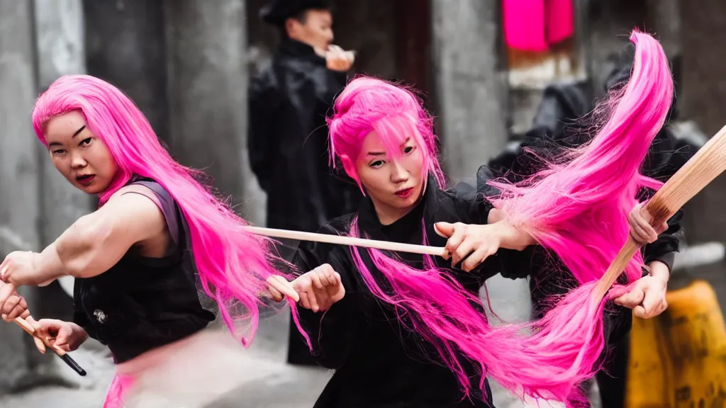 Image similar to person with pink hair and a knife fighting an asian person with chopsticks, cinematic, 4 k