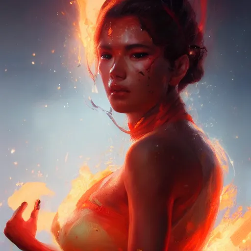 Image similar to a beautiful portrait of a fire goddess with closed eyes by greg rutkowski and raymond swanland, trending on artstation, flaming background, ultra realistic digital art