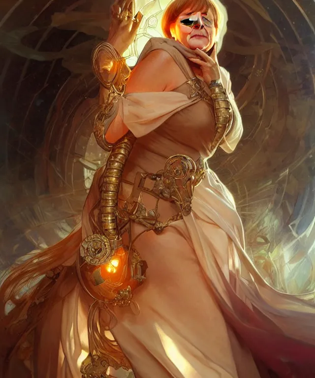 Image similar to angela merkel as a fantasy magic woman portrait, sci - fi, amber eyes, face, long hair, fantasy, intricate, elegant, highly detailed, artstation, concept art, sharp focus, art by artgerm and greg rutkowski and alphonse mucha