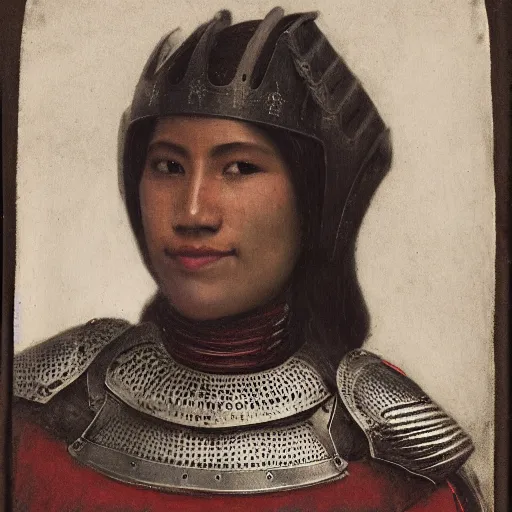 Prompt: head and shoulders portrait of a female knight, quechua!, lorica segmentata, cuirass, tonalist, symbolist, realistic, ambrotype, baroque, detailed, modeled lighting, vignetting, indigo and venetian red, angular, smiling