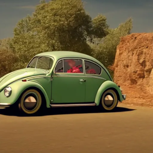 Image similar to promotion movie still of a ( volkswagen beatle ) car is a hybrid of an insect lady bug. the hybrid is racing down a dusty back road. cinematic, 4 k, imax, 7 0 mm