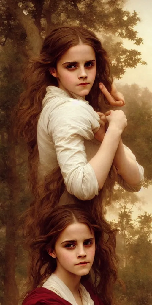 Image similar to Painting of Emma Watson as Hermione Granger. Art by william adolphe bouguereau. During golden hour. Extremely detailed. Beautiful. 4K. Award winning.