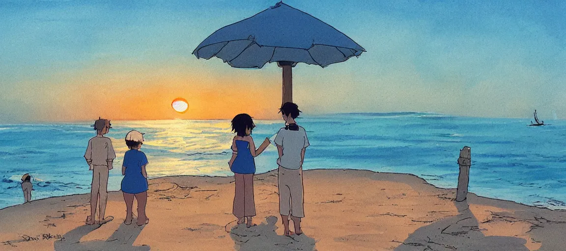 Image similar to a couple watching the sunset by the beach, by Studio Ghibli