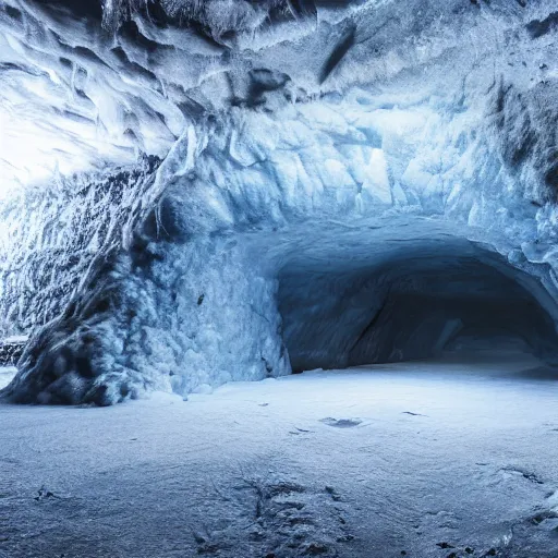 Image similar to frozen cold ice cave in iceland, octane render, unreal engine 5, photoreal 🧊❄️🥶, cold atmosphere, deep image, sharp focus, 8k, 4k