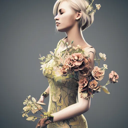 Image similar to beautiful blonde lady in a 3D flower dress , hyperrealistic, ultra detailed, octane render, symmetric, 3d, majestic, dark fantasy, intricate