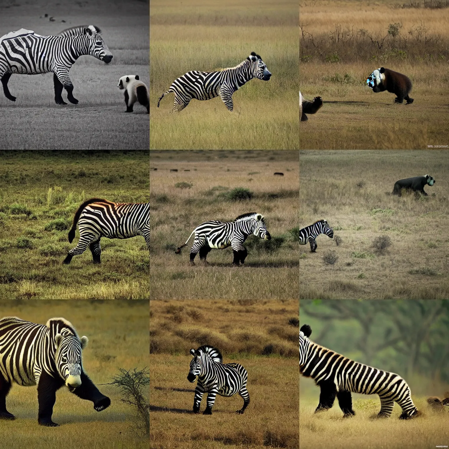 Prompt: alone wild animal having a head of a giant panda and a body of a zebra, running in savannah, national geographic photo award