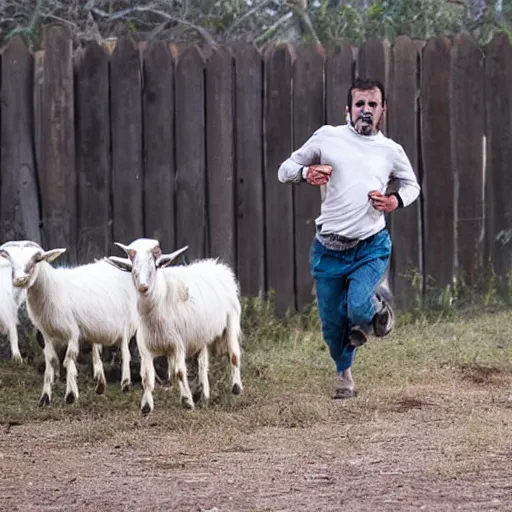 Prompt: scared guy running away from a pack of goats at the farm