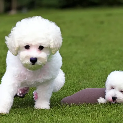 Prompt: bichon puppy playing with a baby platypus