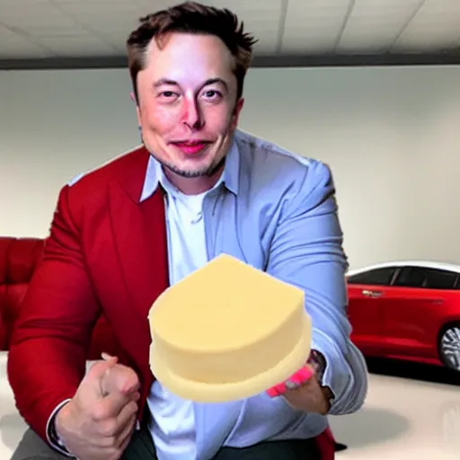 Image similar to photo of miniature Elon Musk sitting on a piece of Swiss cheese