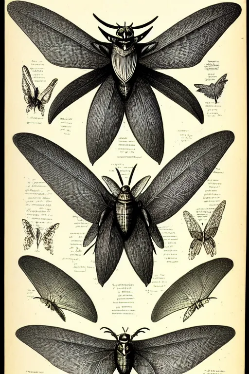 Image similar to a victorian naturalist's illustration of mothman, labels and notes, high detail, ultrasharp detail, intricate inked page border.