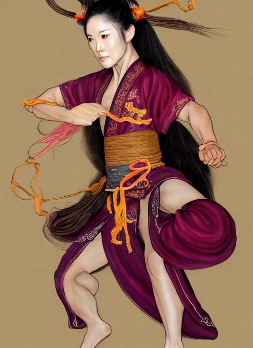Image similar to full body portrait of a barefoot dancer using silk belts as weapons, barefoot, tanned, vivacious, athletic, hanfu, fully clothed, chinese ribbon dance, silk belt, scorpion whip, battle, wuxia, martial arts, ming dynasty, detailed, anatomically accurate, fantasy illustration, dungeons and dragons, artstation, ghostblade, wlop.