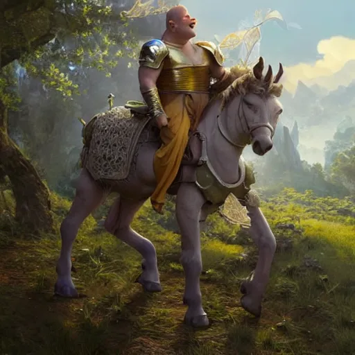 Prompt: shrek as a glorious devout shining powerful epic amazing awesome very handsome attractive muscular stylish knight in shining golden armor riding donkey, fantasy art, highly detailed, photorealistic, octane render, 8 k, unreal engine, art by artgerm and greg rutkowski and alphonse mucha