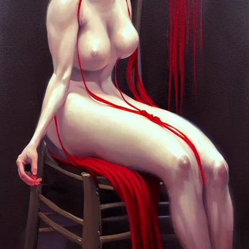 Prompt: a beautiful woman tied to a chair using spaghetti, a woman wrapped in spaghetti, painting by Charlie Bowater and Gerald Brom