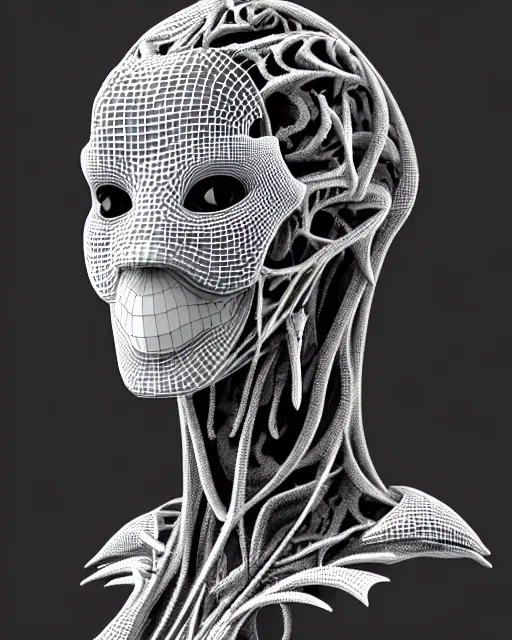 Prompt: a black and white 3D render of a young beautiful female queen-dragon-cyborg bust with a very long neck and a Mandelbrot fractal face, anatomical, flesh, facial muscles, veins, arteries, full frame, microscopic, elegant, highly detailed, flesh ornate, cable wires, elegant, high fashion, rim light, octane render, in the style of H.R. Giger, Realistic, Refined, Digital Art, Highly Detailed, Cinematic Lighting, rim light, black and white, photo-realistic, 8K