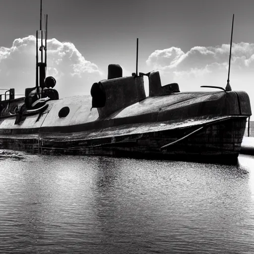 Prompt: Black and White photo of steampunk submarine at dry dock