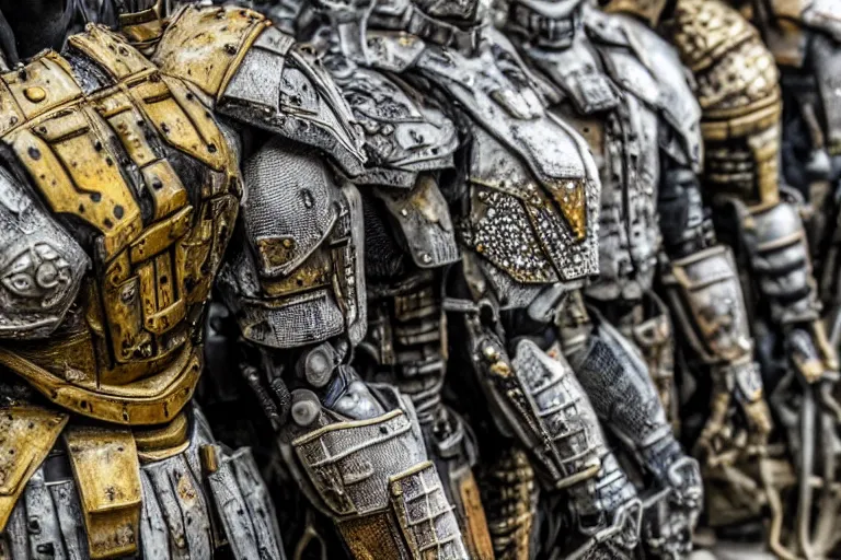 Prompt: photo taken of an epic intricate, ultra detailed, super realistic gritty, hero prop, exquisitely weathered armoured hazardsuit movie prop replica's in a row in the workshop, created by weta workshop, full body shot, photorealistic, sharp focus, white wall, cold colour temperture, golden ratio